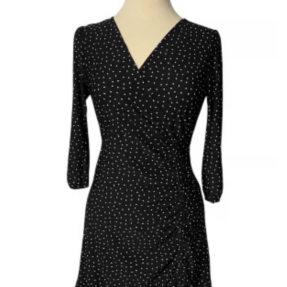 Monteau Polka Dot Black & White Faux Wrap 3/4 Sleeve Midi Dress M Party Wedding